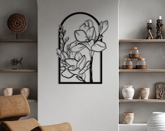 Minimalist Floral Metal Wall Art, Black Botanical Steel Hanging, Modern Nature Decor