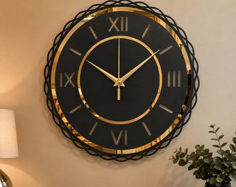 Modern Black Gold Metal Wall Clock, Silent Roman Numeral Living Room Art