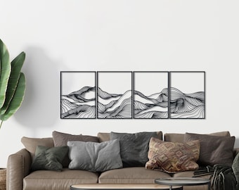 Metal Wall Art Set, Abstract Mountain Line Decor, Modern Black Living Room Home