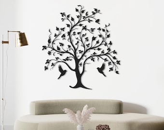 Tree of Life Metal Wall Art, Birds, Botanical Nature Decor, Black Steel Hanging