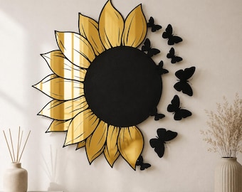 Sunflower Metal Wall Art, Gold Black Floral Butterfly Decor, Steel Botanical Home Hanging