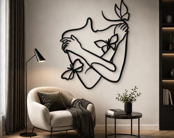 Minimalist Woman Line Art Metal Wall Art, Butterfly Decor, Abstract Female Sign
