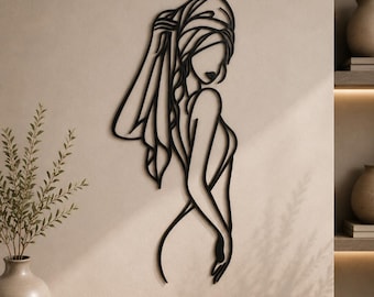 Minimalist Woman Metal Wall Art, Abstract Female Line Decor, Modern Black Steel Hanging