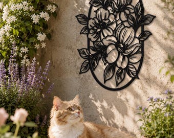 Floral Metal Wall Art, Botanical Flower Decor, Modern Black Steel Hanging