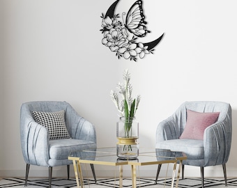 Butterfly Moon Metal Wall Art, Floral Crescent Decor, Black Boho Hanging
