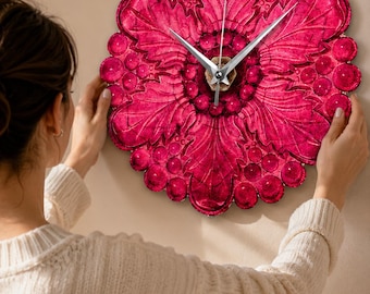 Floral Metal Wall Clock, Pink Flower Botanical Art, Silent Movement Home Decor