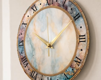 Marble Roman Numeral Wall Clock, Metal Art Decor, Silent Quartz Movement