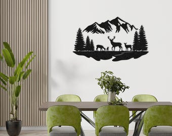 Deer Mountain Metal Wall Art, Rustic Cabin Decor, Forest Wildlife Steel Hanging