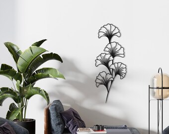 Vertical Floral Metal Wall Art, Botanical Black Decor, Minimalist Nature Hanging