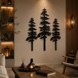 Set di decorazioni murali in metallo a forma di pino, arredamento rustico per baita di montagna, alberi sempreverdi.