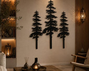 Metal Pine Tree Wall Art Set, Rustic Forest Cabin Decor, Mountain Lodge Evergreen Trees