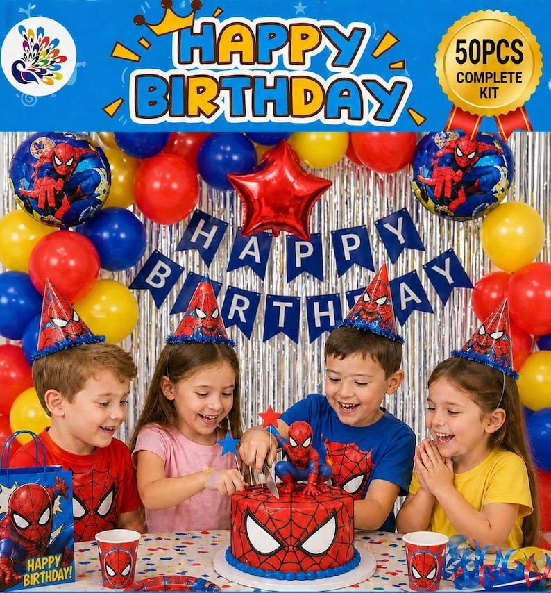 May include: A birthday party scene with children, balloons, and a cake. The cake is decorated with a Spider-Man theme. The scene includes a banner that says "Happy Birthday". The children are wearing Spider-Man hats and shirts.