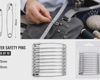 Safety Pins Pack of 10 Metal Strong Sewing Pins 25mm 30mm 35mm Silver Gold DIY