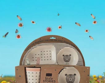 Kids Bamboo Fiber Dinner Set Bear Design Plate Bowl Cup Spoon Fork Eco Friendly