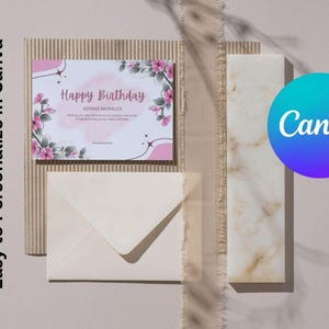 Elegant Happy Birthday Greeting Card Editable Canva Template Printable Floral Birthday Card Instant Digital Download