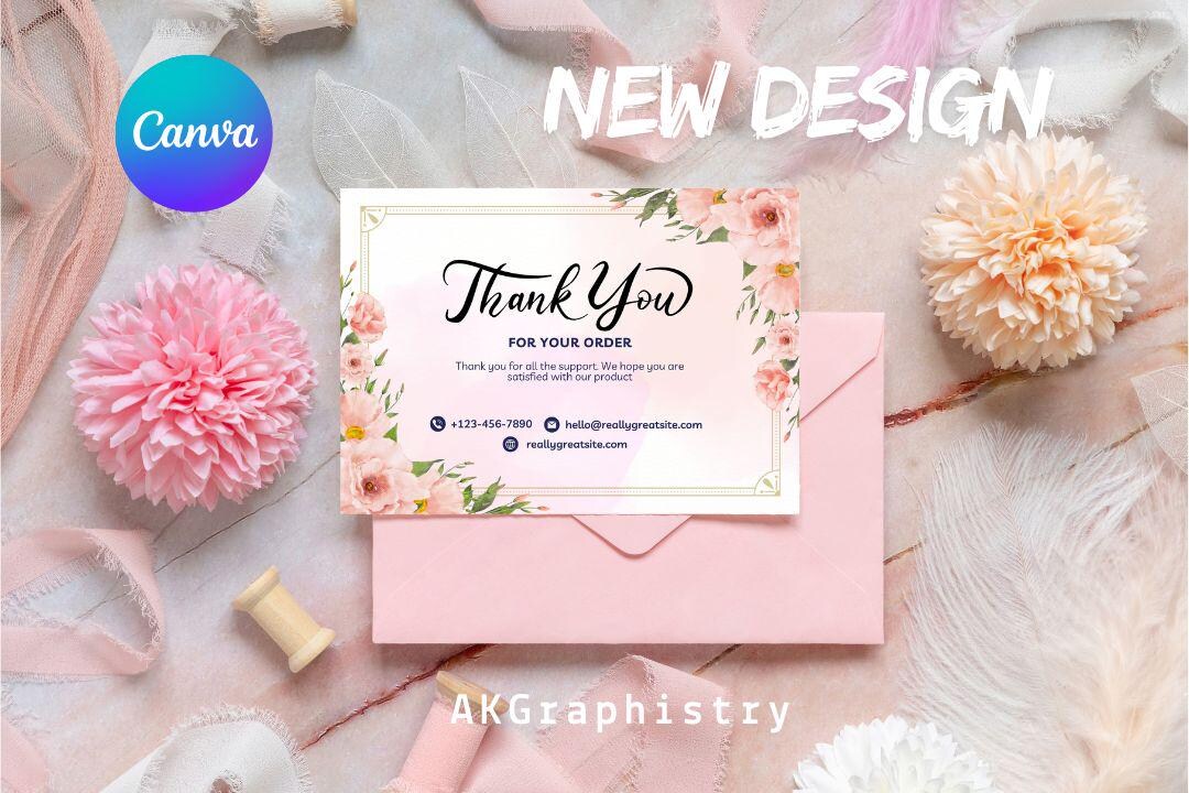 Pink Floral Thank You Card Canva Editable Insert Custom Small Business ...