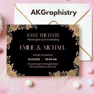 Luxury Black & Gold Wedding Invitation Editable Canva Save The Date Template Modern Printable Invite