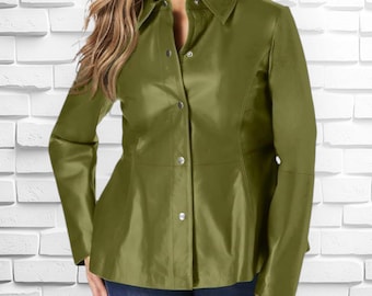 Women's Green Leather Jacket - Classic Button Up Coat | Leather Fits