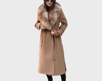 Handmade Genuine Leather Trench Coat: Fur Collar Winter Overcoat
