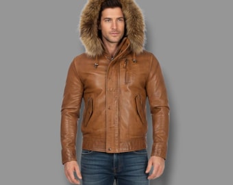 Handgefertigte Herren Schaffell Bomberjacke Pelz Kapuze Winter Oberbekleidung
