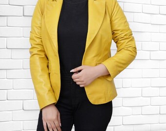 Handmade Women's Yellow Lambskin Leather Blazer | Classic Tailored Coat
