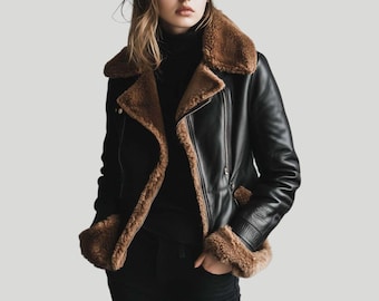 Women's Black Shearling Leather Aviator Jacket: Sheepskin Bomber Coat