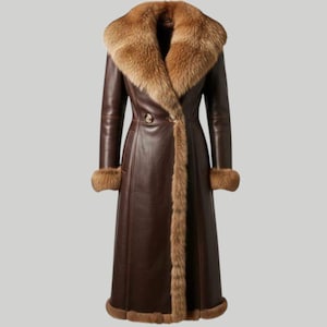 May include: A long, dark brown leather coat with a fur collar and trim. The coat features a double-breasted design with a button closure and fur cuffs. The fur is a lighter brown color, creating a contrast with the darker leather.