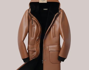 Handmade Men’s Sheepskin Shearling Coat – Full Length Leather Overcoat, Winter Trench Jacket