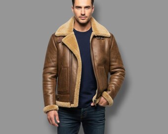 Men’s Handmade Shearling Aviator Jacket – Genuine Sheepskin Winter Outerwear