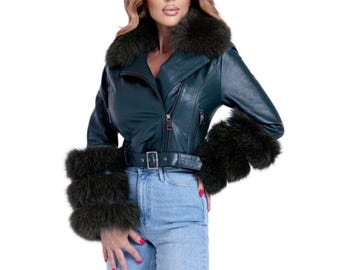 Women’s Fox Fur Short Leather Jacket – Luxury Winter Fashion Coat