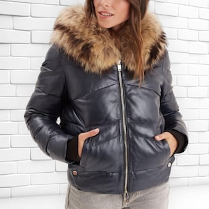 Women’s Black Leather Puffer Jacket with Fur Hood – Warm Winter Coat in Genuine Leather | Leather Fits