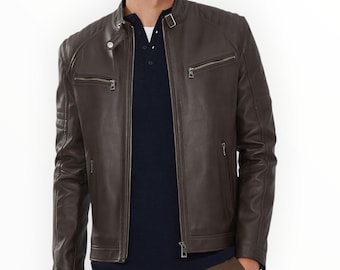 メンズ ブラウンレザーバイカージャケット – スリムフィットモーター