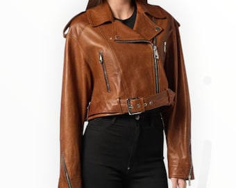 Cropped Brown Lambskin Leather Biker Jacket: Women's Moto Jacket with Belt