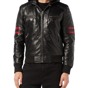 Men&#39;s Black Bomber Leather Jacket with Hood | Casual Moto Style Hoodie Jacket | Winter Streetwear Outerwear | Leather Fits