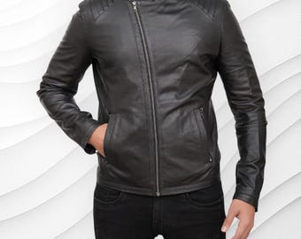 Jaqueta masculina de couro preta estilo café racer: estilo motociclista feito à mão