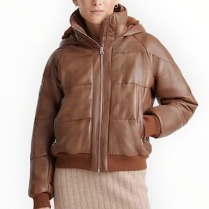Women&#39;s Brown Puffer Leather Jacket | Real Sheepskin Bomber Coat with Hood | Winter Warm Outerwear by Leather Fits