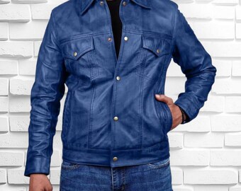 Men’s Royal Blue Genuine Leather Trucker Jacket | Handmade Outerwear