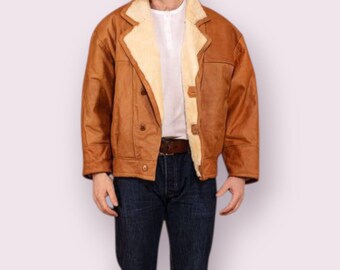 Men’s Shearling Coat: Caramel Brown Sheepskin Winter Leather Jacket