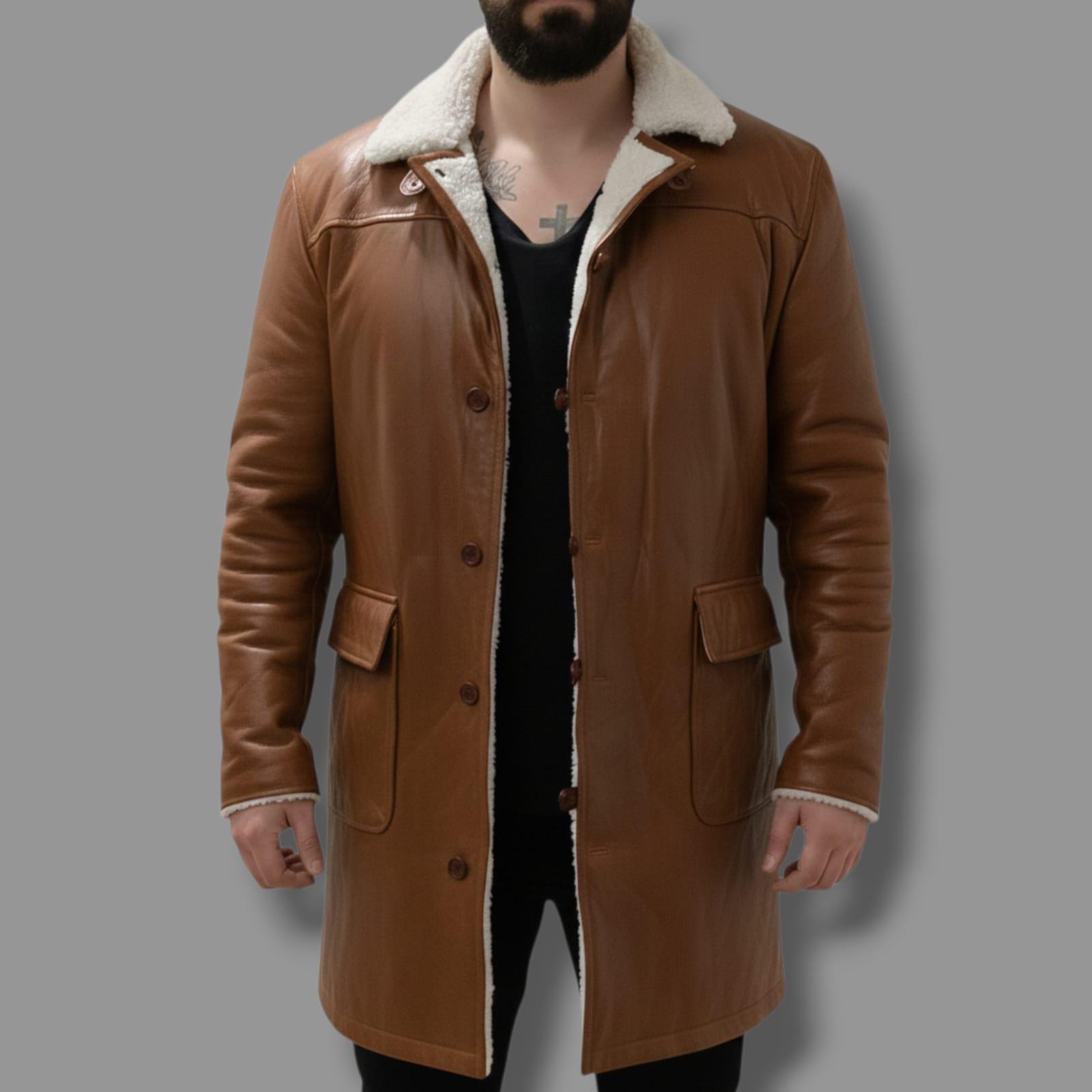 メンズ 高級ハンドメイド シープスキン ロングコート ムートンカラー 