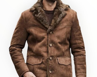 Men's Shearling Suede Leather Coat: Mid-Length Sheepskin Jacket