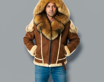 Handgefertigte Herren Lammfell Ledermantel: Vintage Schaffell Pelz-Gefütterte Winterjacke