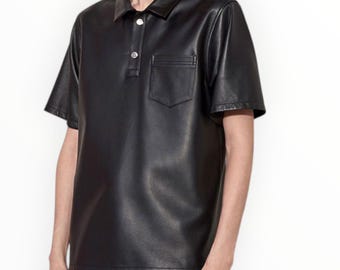 Men's Black Leather T-Shirt: Slim Fit Streetwear Tee