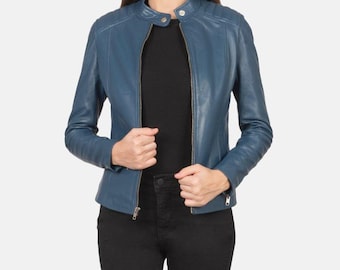 Chaqueta de motociclista de cuero azul para mujer - Corte entallado / Hecha a mano por Leather Fits