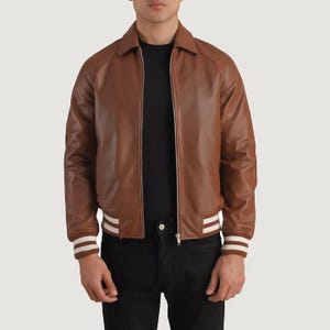 Walton Brown Leather Varsity Jacket – Men’s Real Leather Letterman Bomber | Handmade by Leather Fits