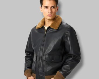 Chaqueta de aviador de piel de oveja auténtica hecha a mano: ropa de abrigo de invierno para hombre.