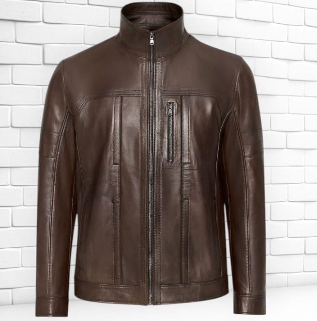 メンズ ブラウン 本革 バイカージャケット | ハンドメイド スリム