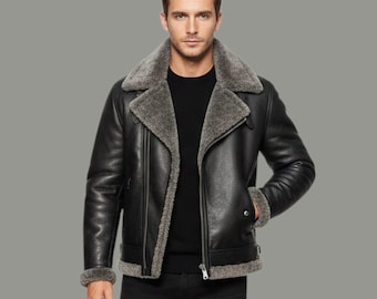 Men’s Handmade Shearling Lined Aviator Bomber Jacket Black Winter Fur Collar