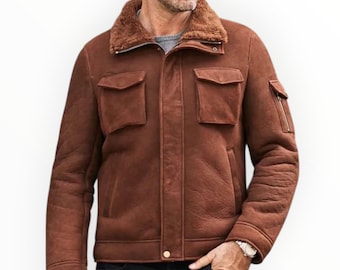 Brauner Shearling Schaffellmantel für Herren | Echtleder Kurz Pelzjacke | Warmer Schaffell Mantel für Herren