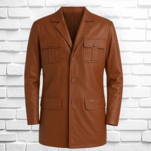 Men’s Tan Brown Leather Blazer Coat – Classic Long Genuine Leather Jacket by Leather Fits