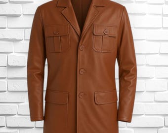 Men's Tan Brown Genuine Leather Blazer - Long Classic Jacket